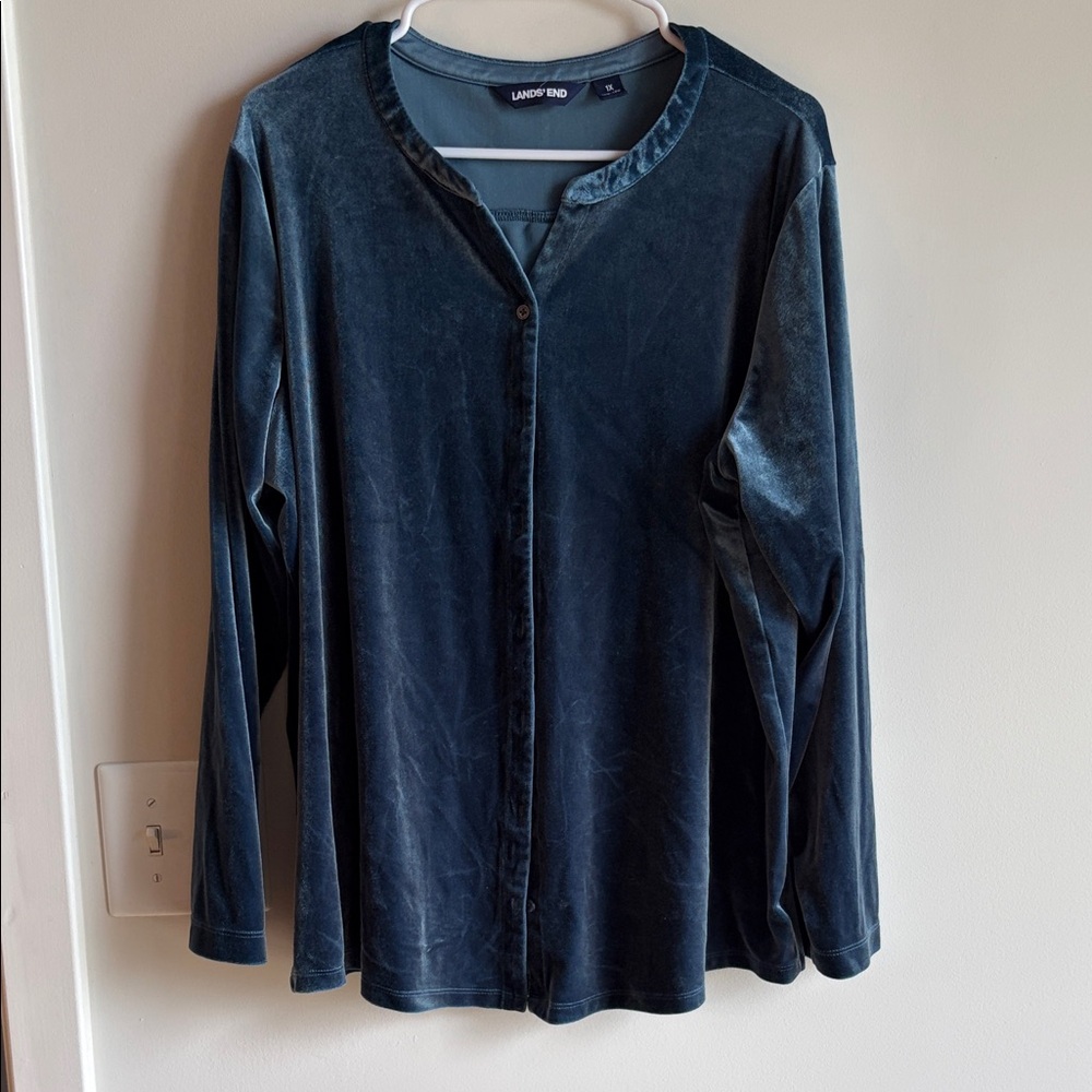 Lands' End Women’s Long-Sleeve Velvet Henley Shirt - Deep Teal